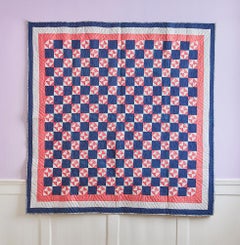 Antique Cotton Blue and Red “Hourglass" Quilt, USA, Late 19th Century