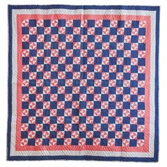 Antique Cotton Blue and Red “Hourglass" Quilt, USA, Late 19th Century