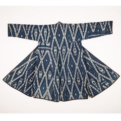 Antique Cotton Indigo Ikat Chapan, Uzbekistan, Late 19th Century