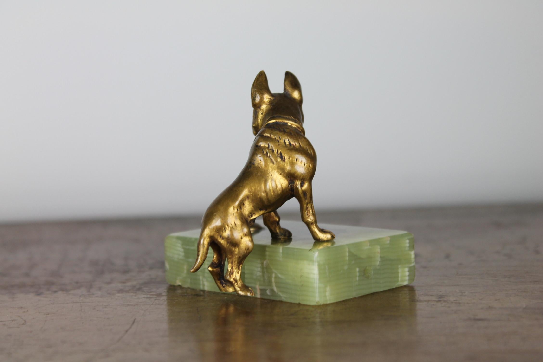Antique Counter Top Bell with Cast Brass French Bulldog on Onyx Stone 4