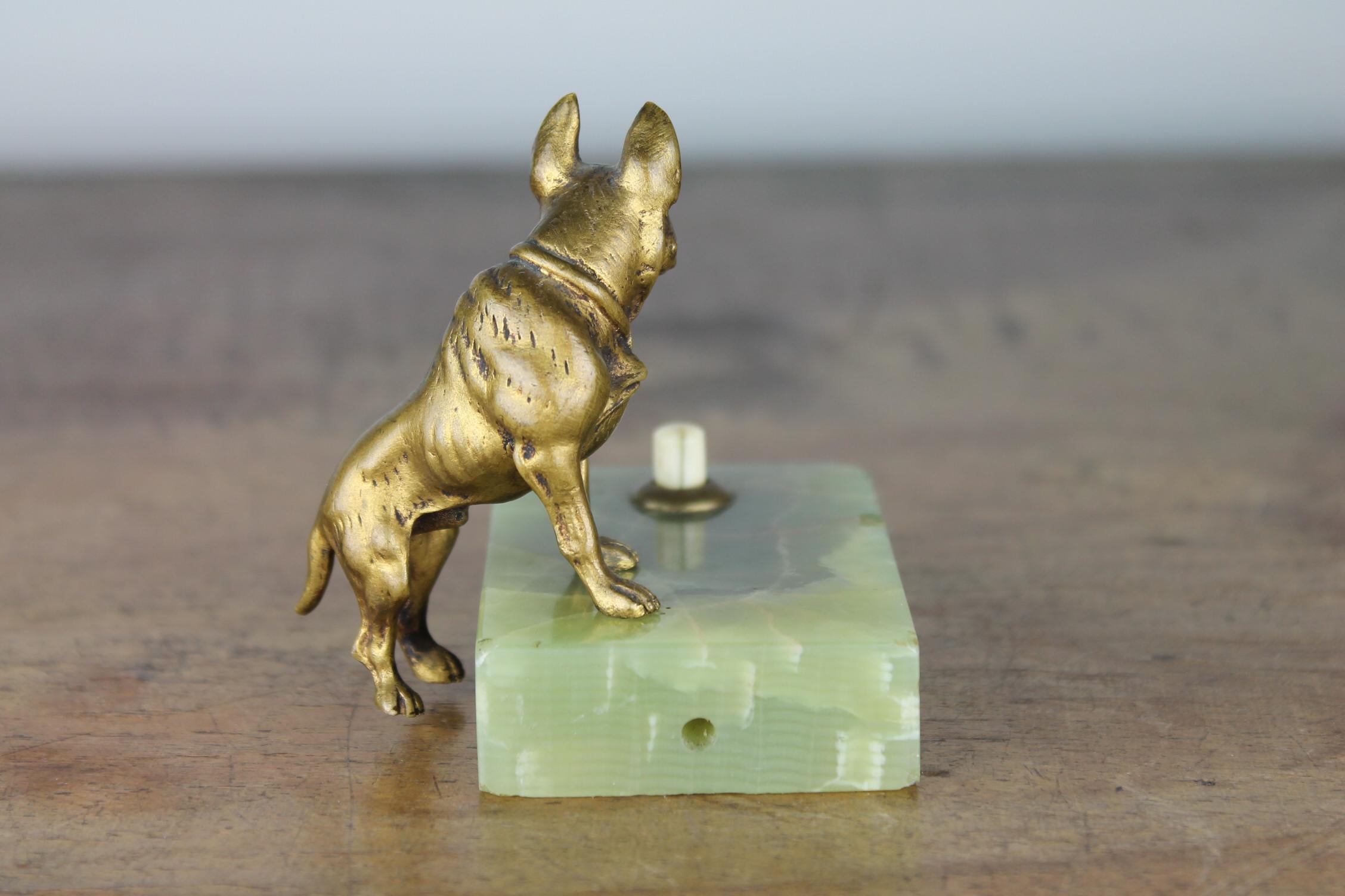 Antique Counter Top Bell with Cast Brass French Bulldog on Onyx Stone 5