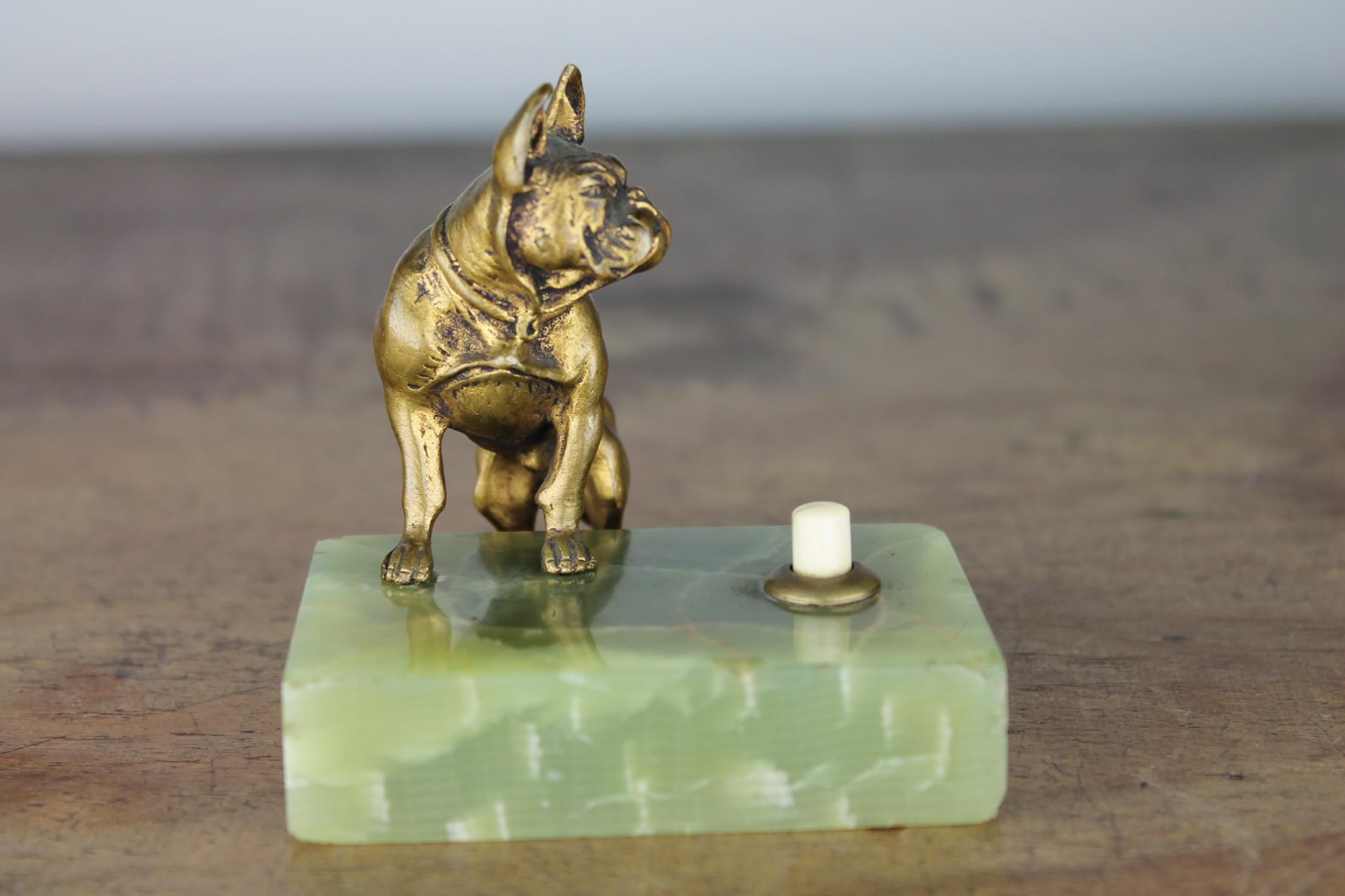 Antique Counter Top Bell with Cast Brass French Bulldog on Onyx Stone 7