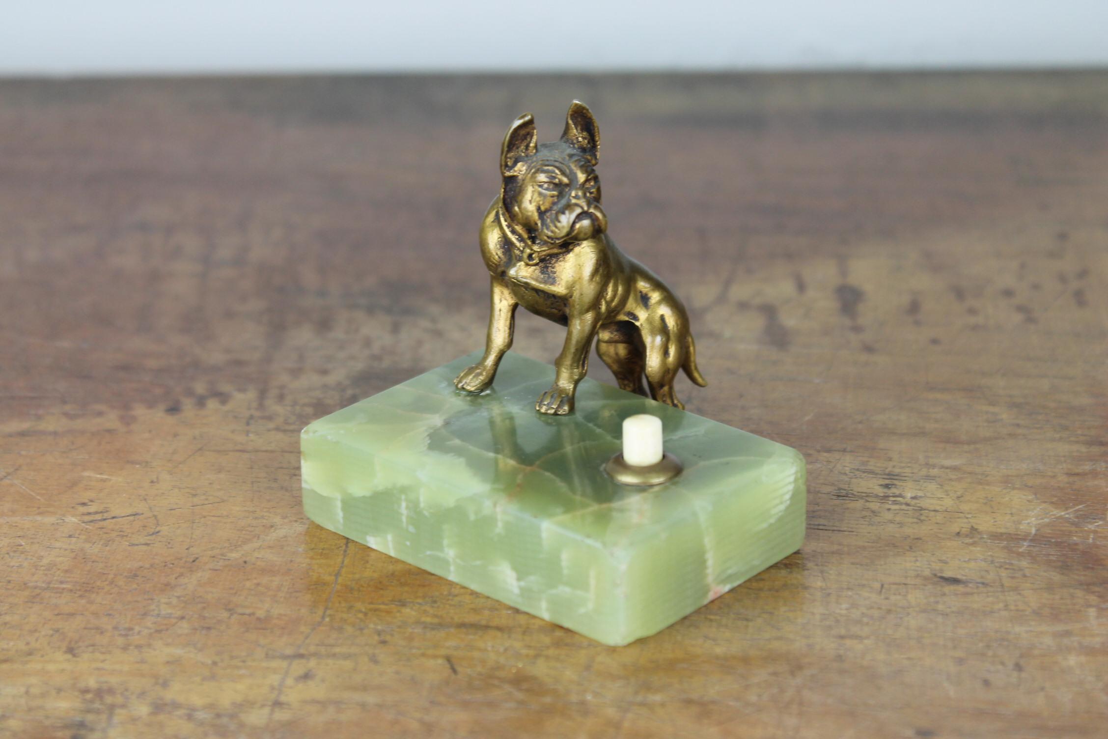 Antique Counter Top Bell with Cast Brass French Bulldog on Onyx Stone 8