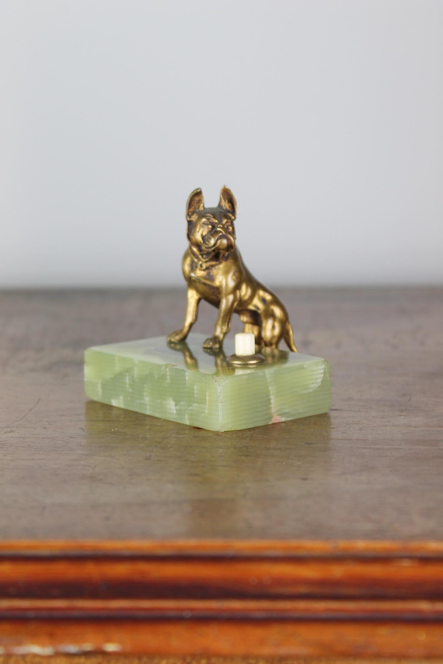 Antique Counter Top Bell with Cast Brass French Bulldog on Onyx Stone 10