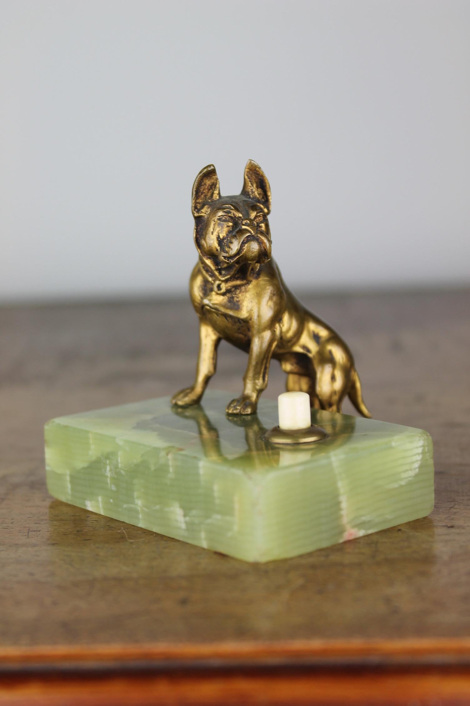 Art Nouveau Antique Counter Top Bell with Cast Brass French Bulldog on Onyx Stone