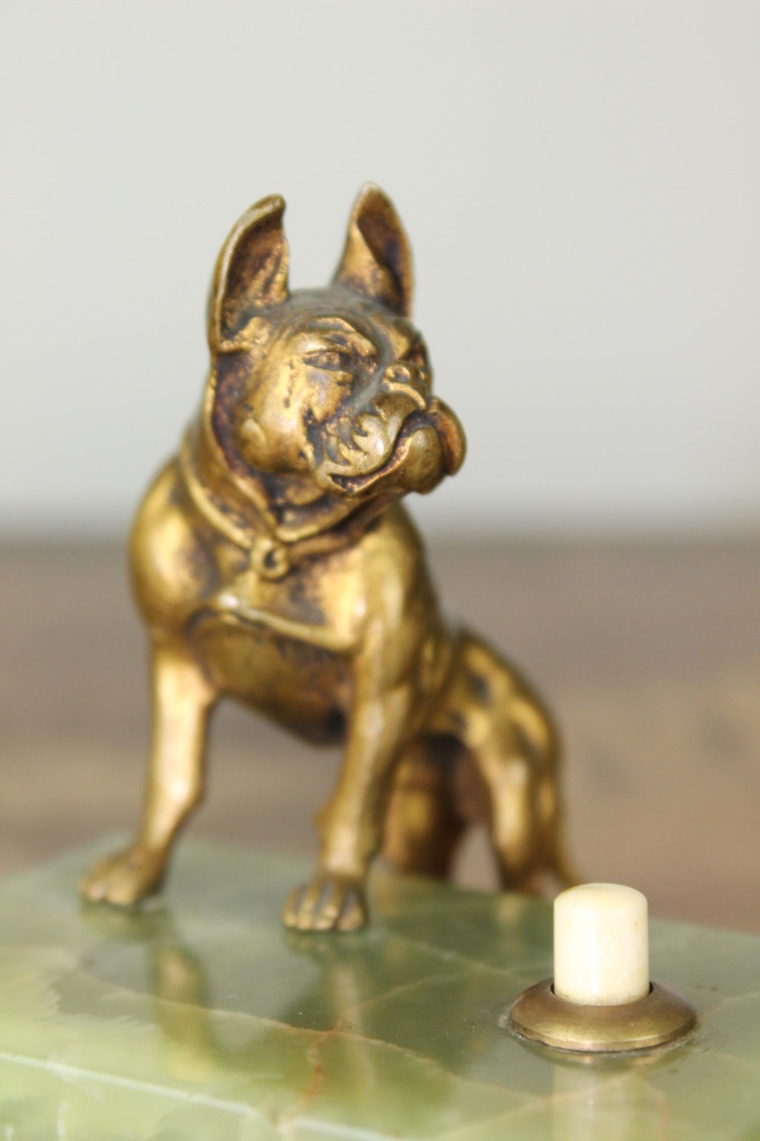 European Antique Counter Top Bell with Cast Brass French Bulldog on Onyx Stone