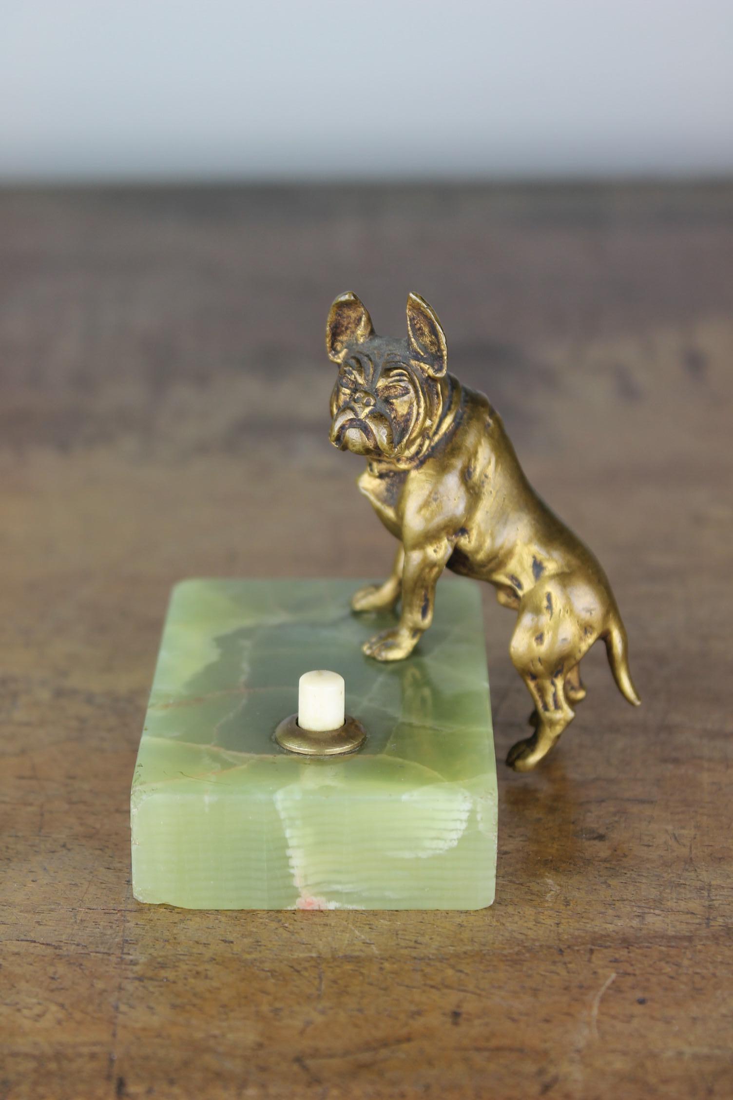 Antique Counter Top Bell with Cast Brass French Bulldog on Onyx Stone In Good Condition In Antwerp, BE