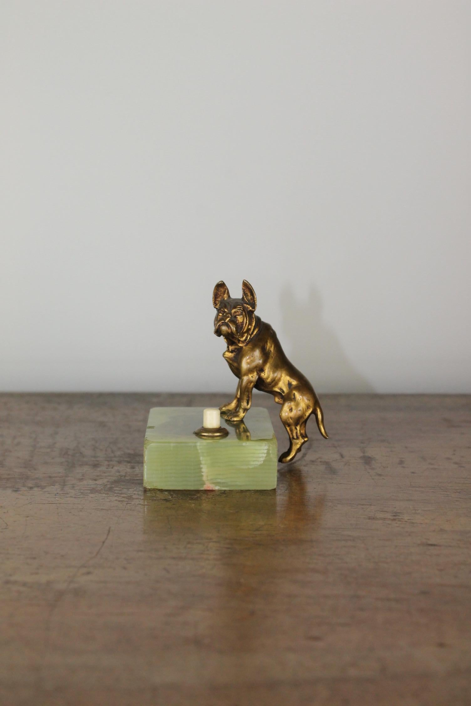 Antique Counter Top Bell with Cast Brass French Bulldog on Onyx Stone 1