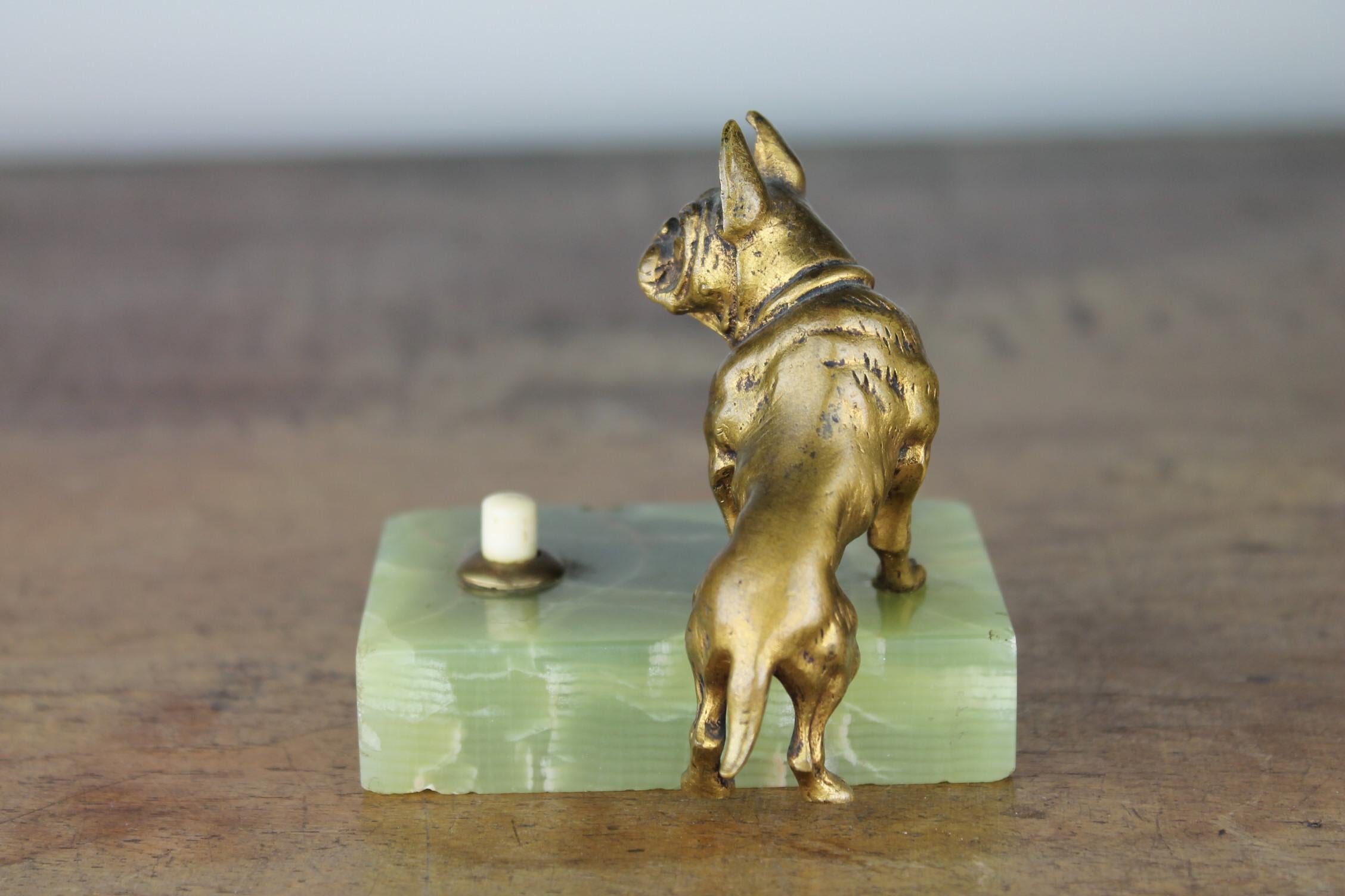 Antique Counter Top Bell with Cast Brass French Bulldog on Onyx Stone 3