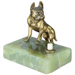 Antique Counter Top Bell with Cast Brass French Bulldog on Onyx Stone