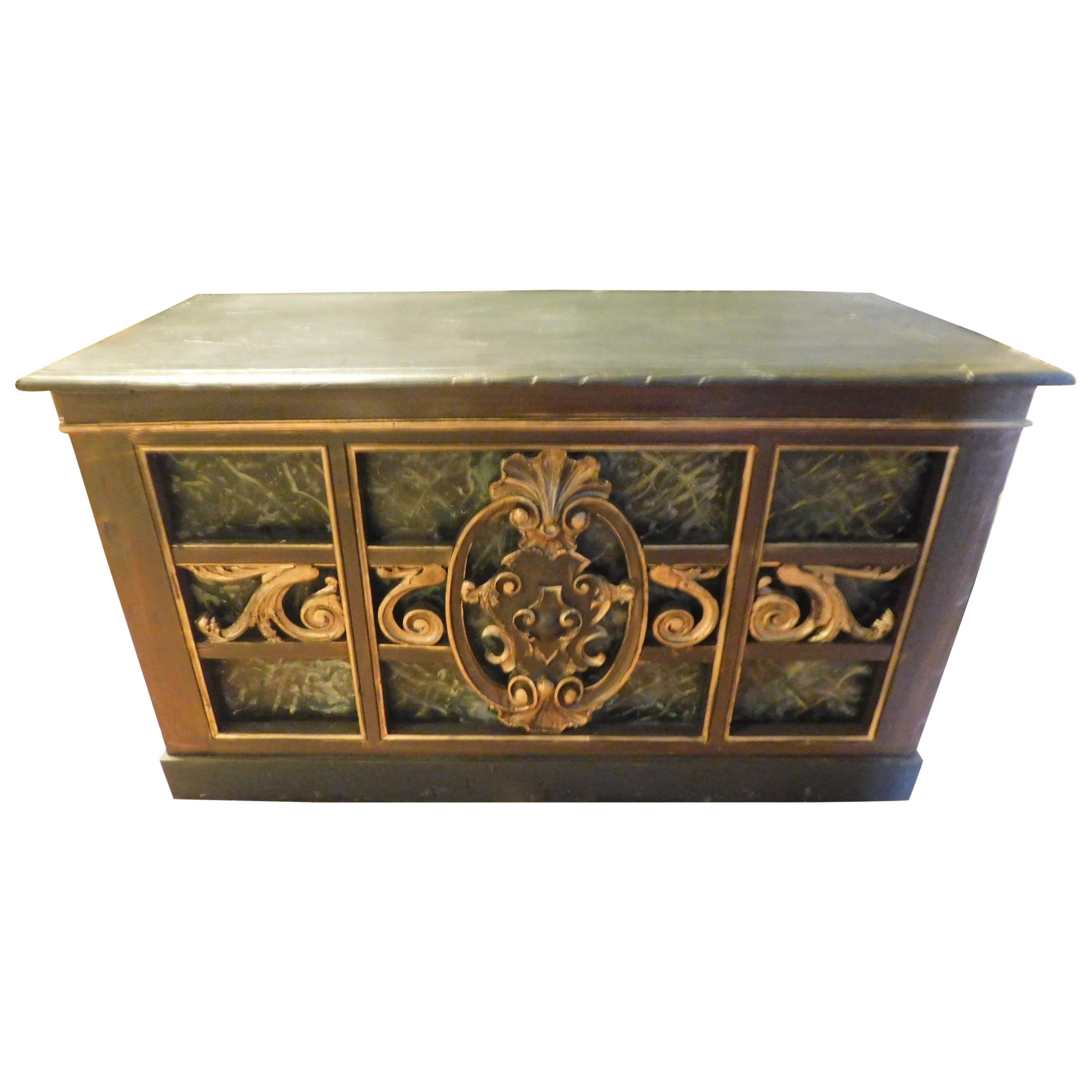 Antique Counter Top Table in Lacquered Gilded Wood, Faux Green Marble, 1800
