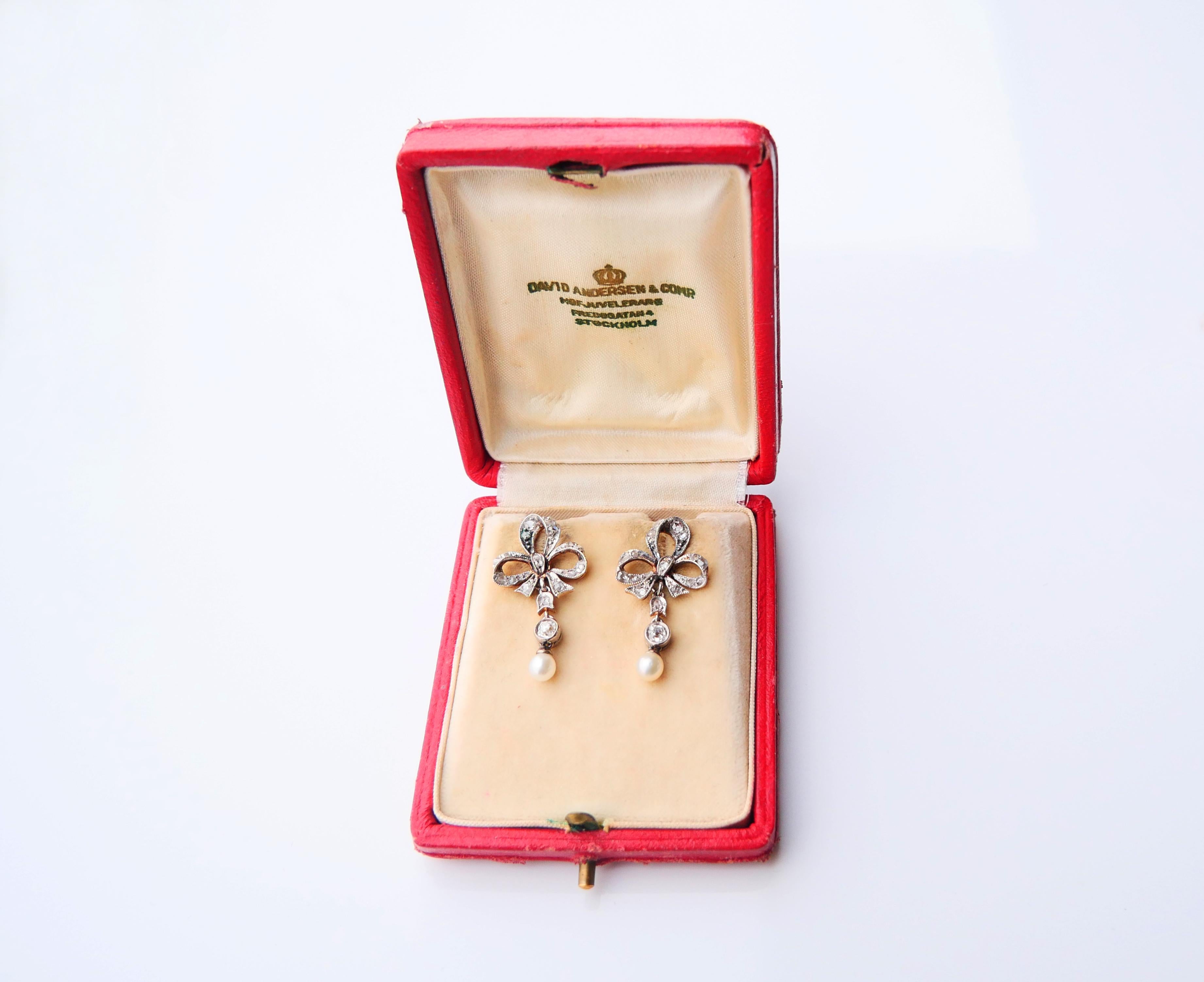Antique Countess LM Ribbon Bow Earrings Diamonds Pearls solid 18K Gold / 6.38gr For Sale 8