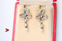 Antique Countess LM Ribbon Bow Earrings Diamonds Pearls solid 18K Gold / 6.38gr