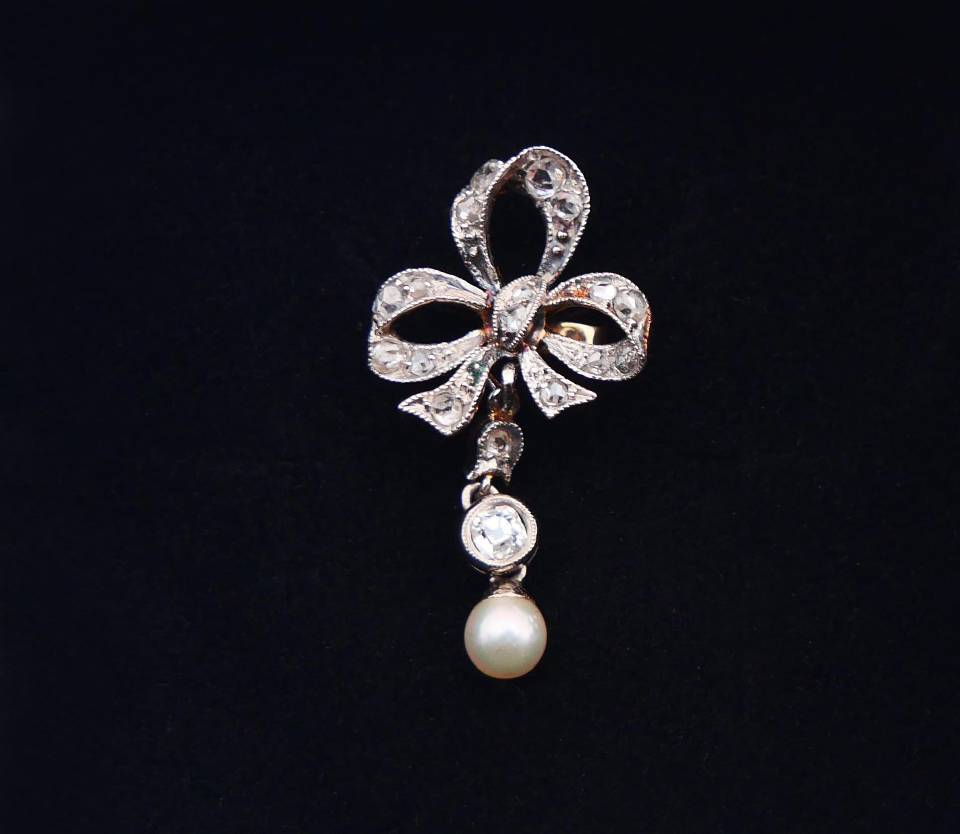 Antique Countess LM Ribbon Bow Earrings Diamonds Pearls solid 18K Gold / 6.38gr For Sale 1