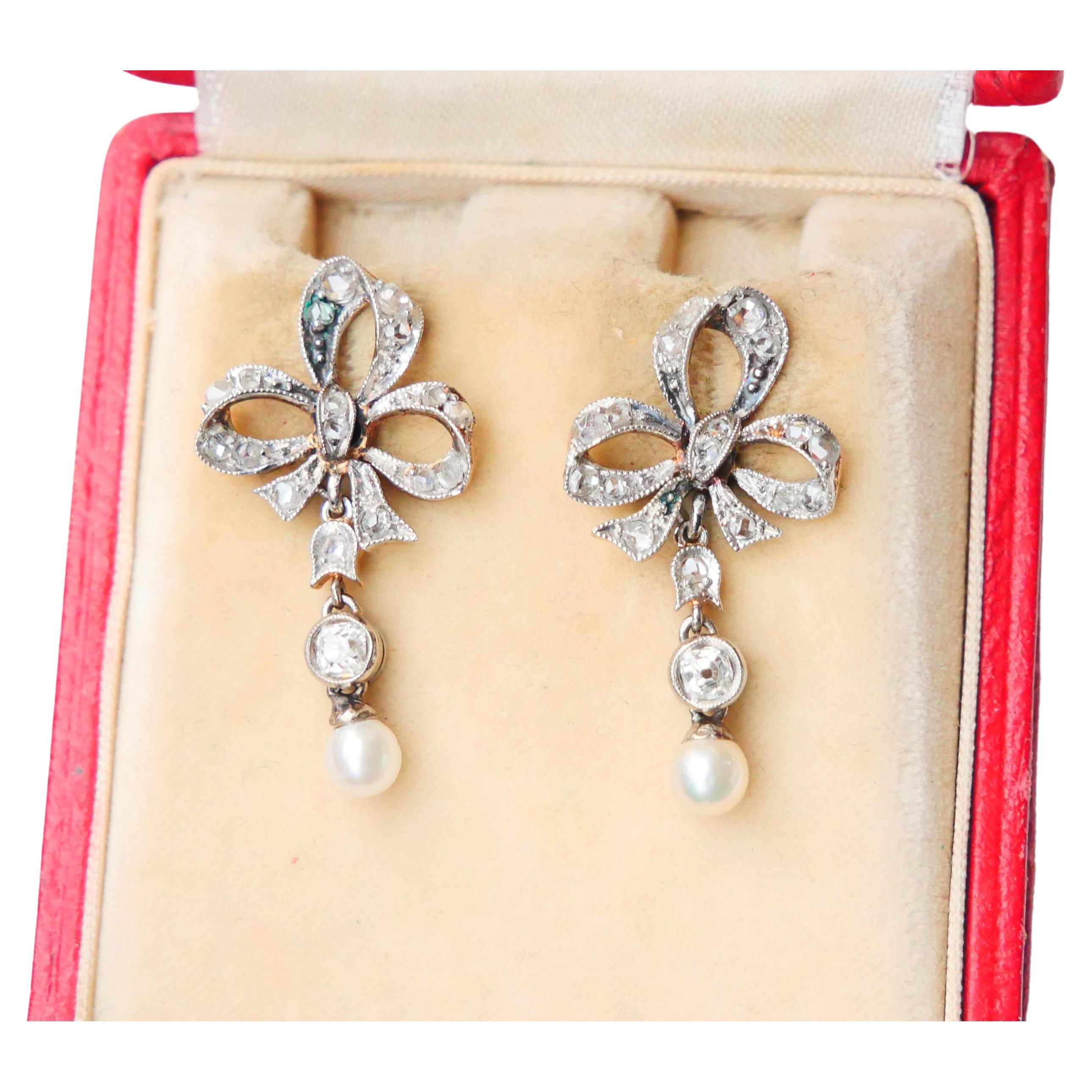 Antique Countess LM Ribbon Bow Earrings Diamonds Pearls solid 18K Gold / 6.38gr For Sale