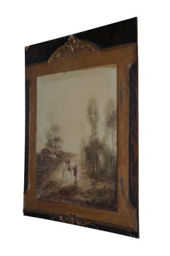 Antique Country Farmhouse Horse Carriage Figures Landscape Print Under Glass