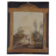 Antique Country Farmhouse Horse Carriage Figures Landscape Print Under Glass