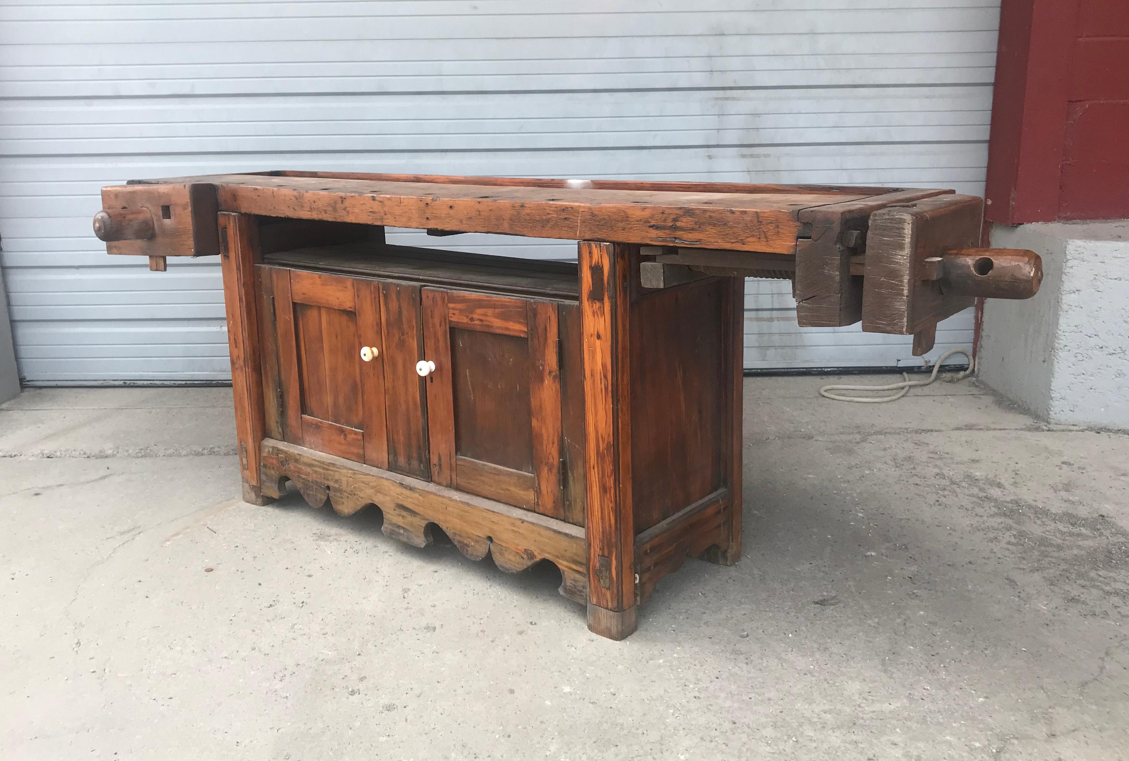 Late 19th Century Antique Country Farmhouse Industrial Workbench / Table, Kitchen Island