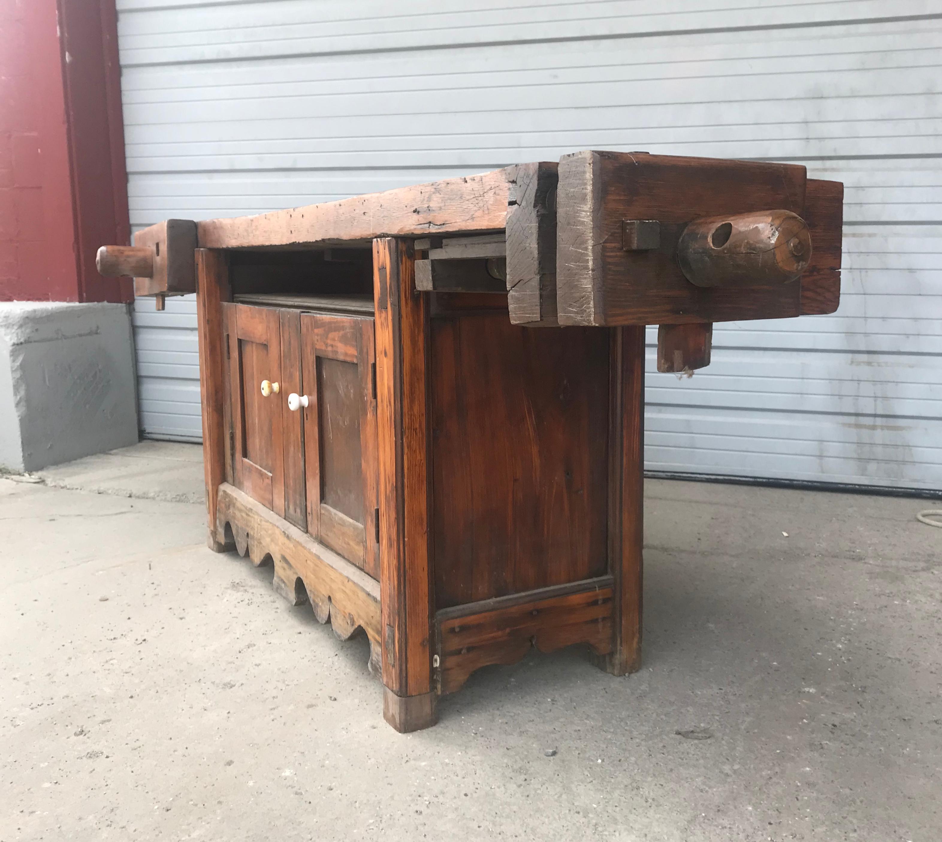 Wood Antique Country Farmhouse Industrial Workbench / Table, Kitchen Island