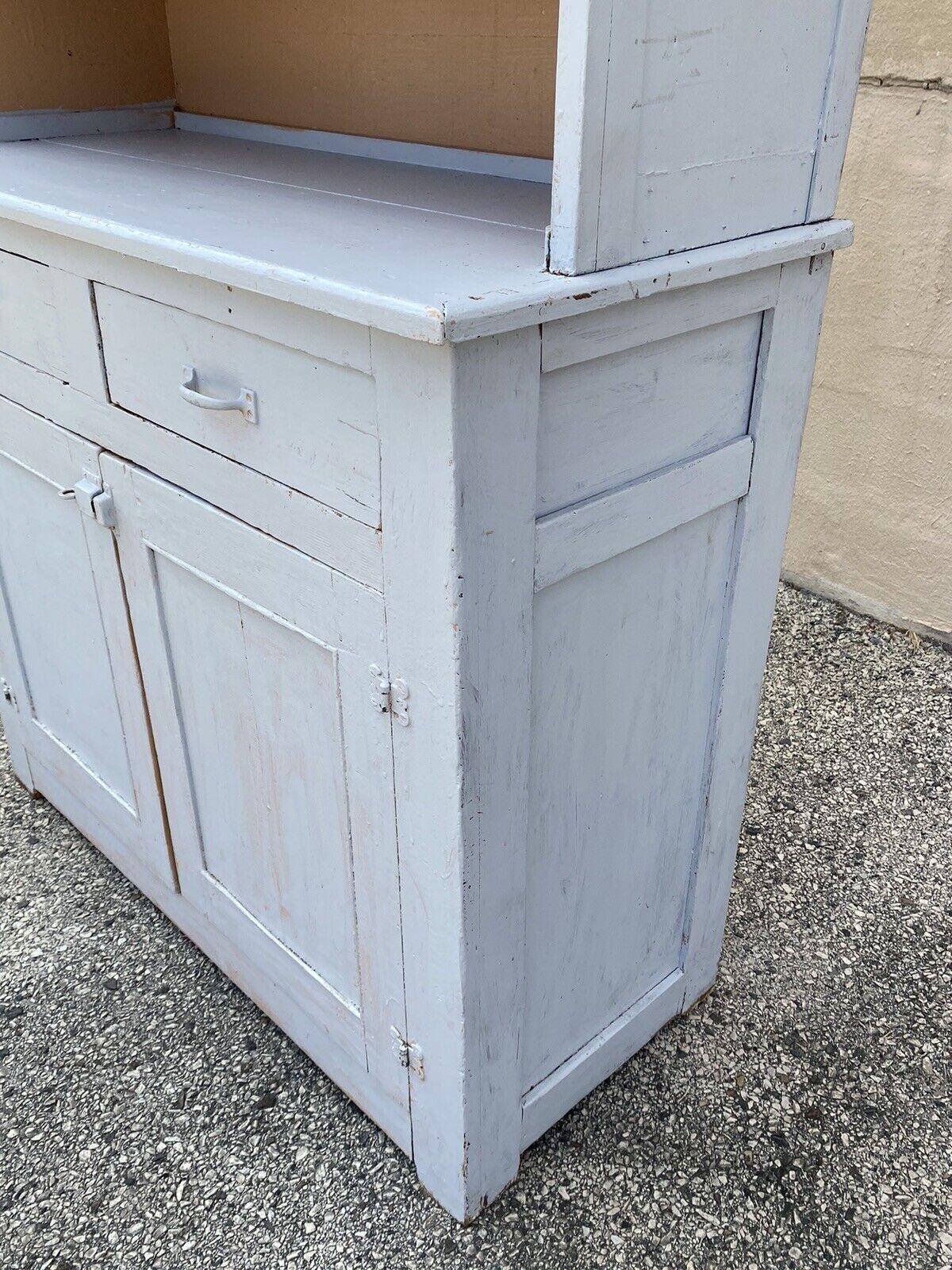 Antique Country Farmhouse White Painted 2 Piece Step Back Hutch Kitchen Cupboard For Sale 4