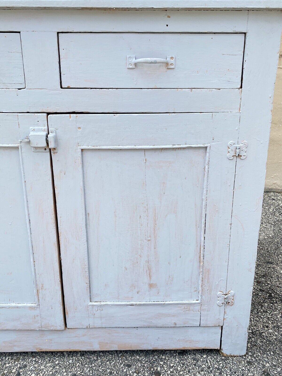 Antique Country Farmhouse White Painted 2 Piece Step Back Hutch Kitchen Cupboard In Good Condition For Sale In Philadelphia, PA