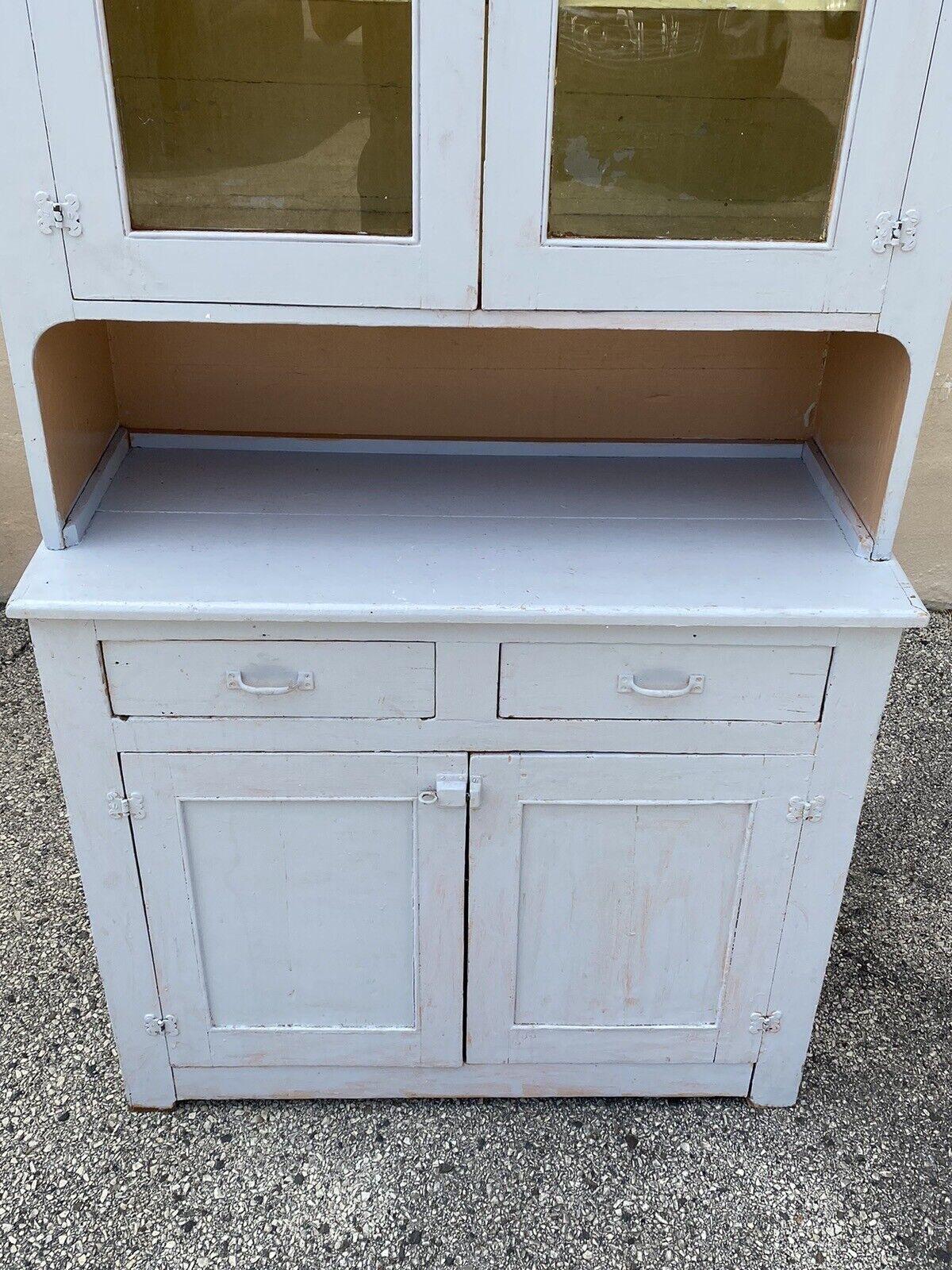 Antique Country Farmhouse White Painted 2 Piece Step Back Hutch Kitchen Cupboard For Sale 1