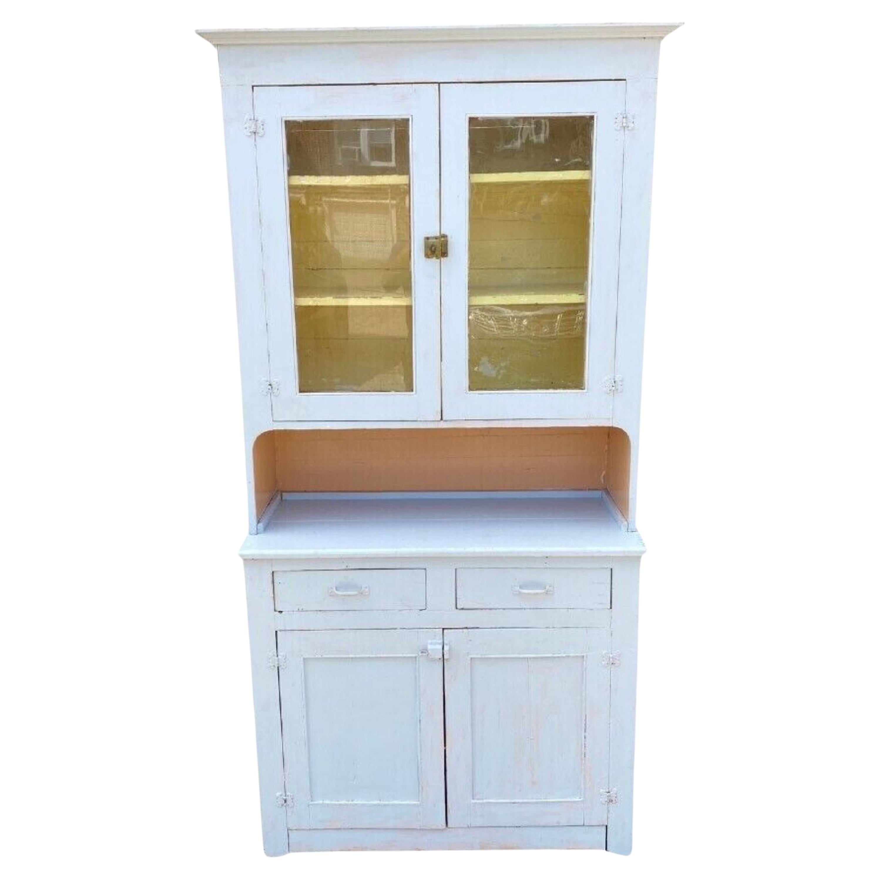 Antique Country Farmhouse White Painted 2 Piece Step Back Hutch Kitchen Cupboard For Sale