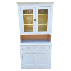 Vintage Country Farmhouse White Painted 2 Piece Step Back Hutch Kitchen Cupboard