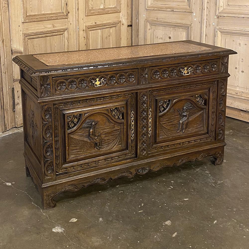 Antique Country French Brittany marble top buffet ~ credenza exudes all the charm inherent in pieces from this storied region, and is the perfect choice for those who wish a little whimsical touch to their decor while still providing exceptional