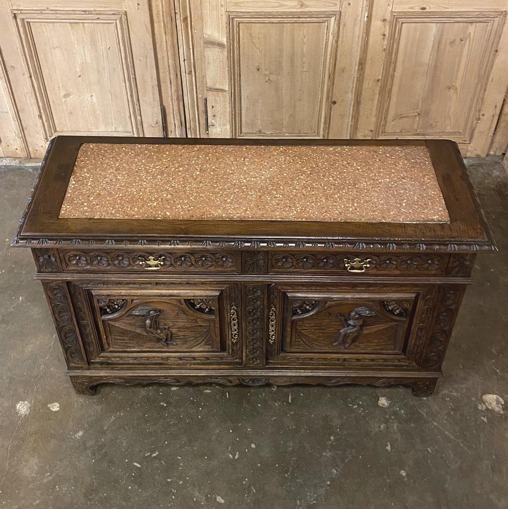 Hand-Carved Antique Country French Brittany Marble-Top Buffet, Credenza