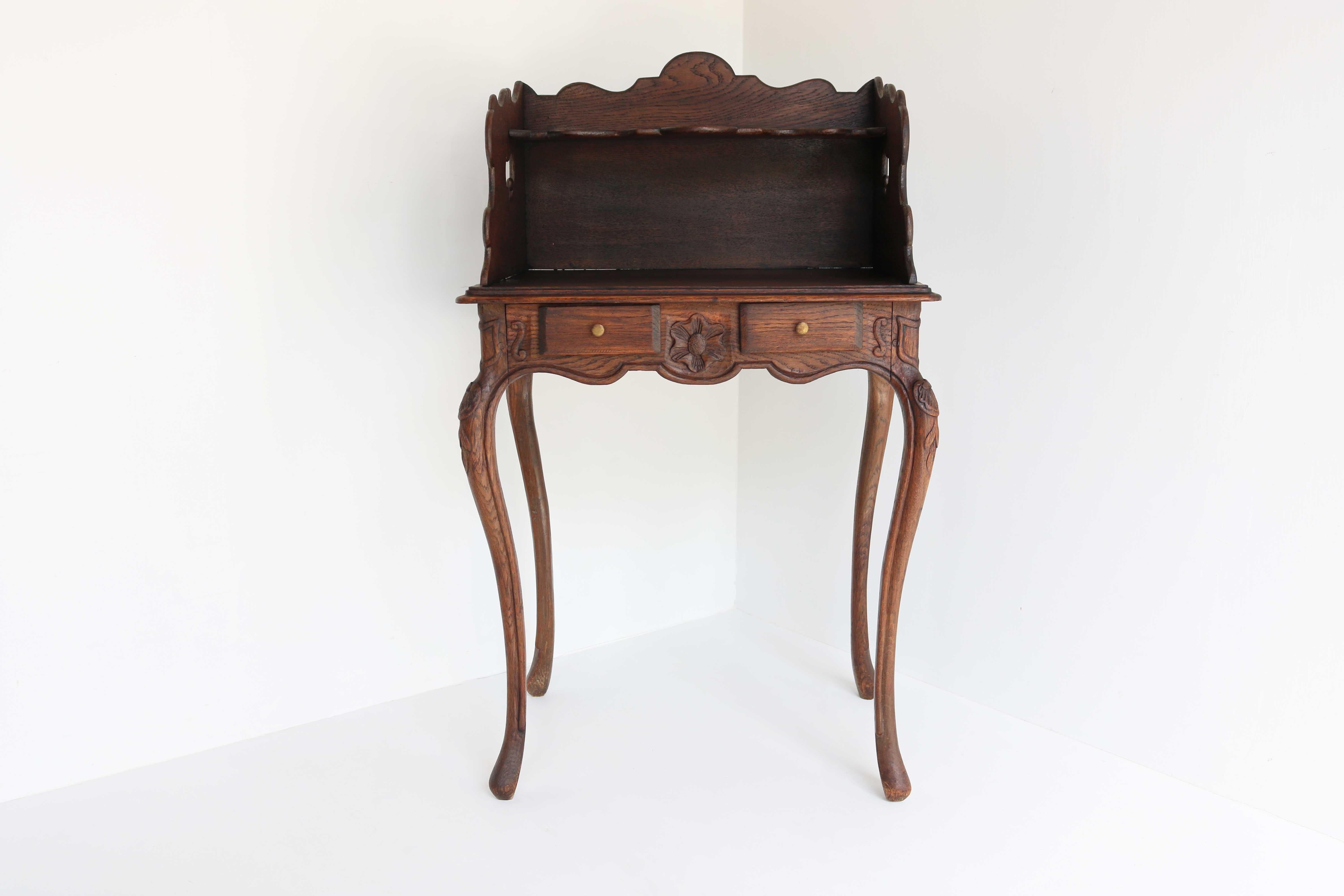 Hand-Carved Antique Country French Carved Oak Bedside Table Nightstand Louis XV Style 1900 For Sale