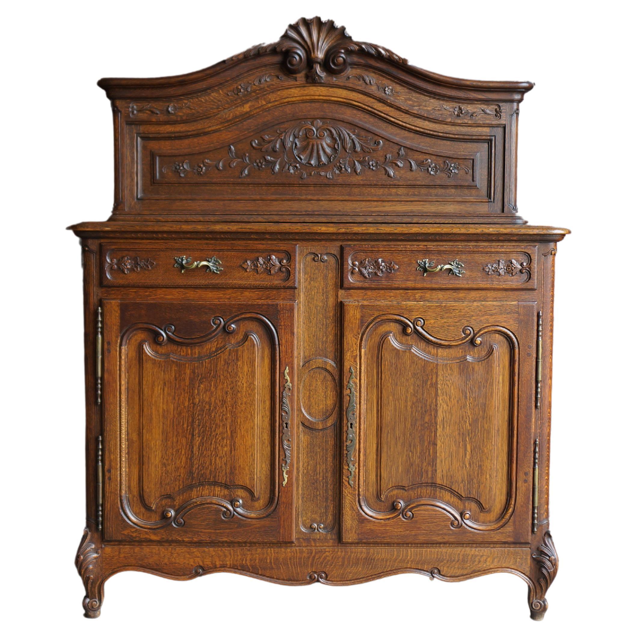 Antique Country French Carved Oak Buffet For Sale
