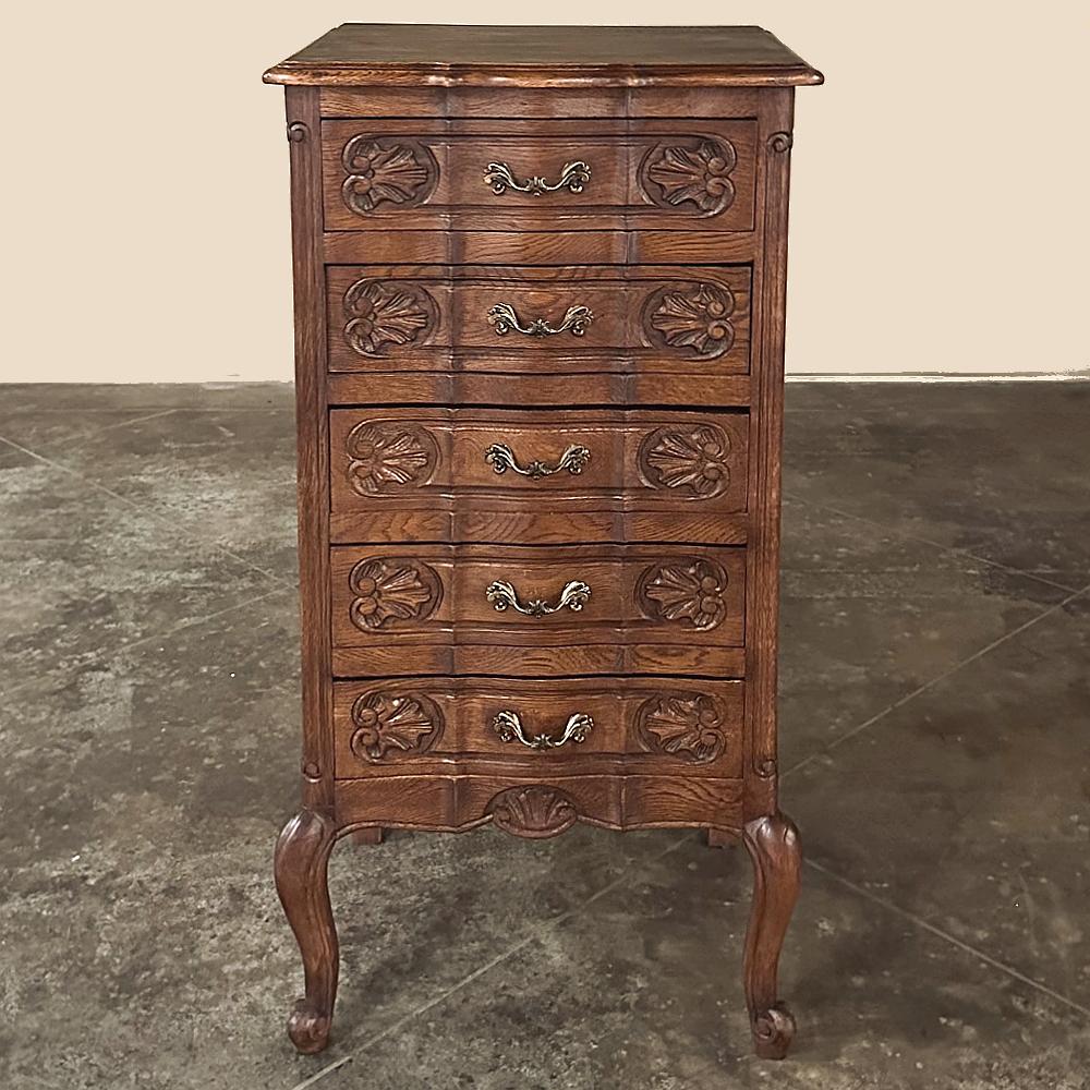 Antique Country French Chiffonier ~ Lingerie Chest is the perfect choice for storing clothes while taking up a minimum amount of floor space in the room! Five vertically oriented drawers mean only about two square feet of floor space is utilized,