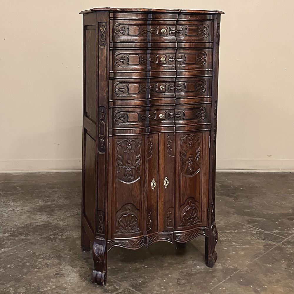 Antique Country French Chiffoniere ~ Cabinet is a splendid combination package that provides a minimal footprint while creating stylish storage options.  Hand-crafted from solid oak, even on the chamfered back panels, it was designed for generation