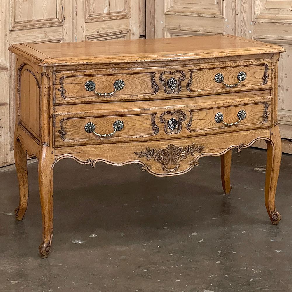 Antique Country French Commode ~ Chest of Drawers represents a nice departure from dark-stained woods, having been finished with a natural look that has achieved a lovely patina over the last century! The solid oak construction includes a plank top
