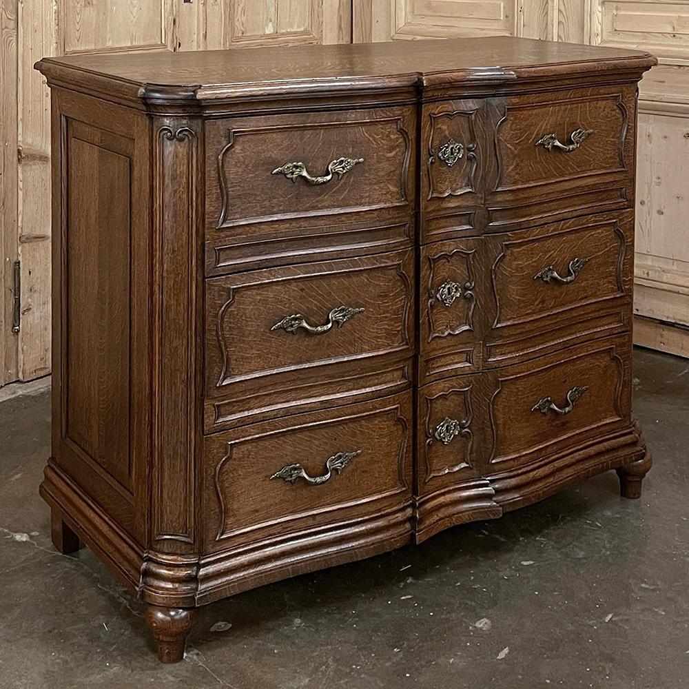 Antique Country French Commode ~ Chest of Drawers represents the culmination of generations of craftsmanship handed down for centuries! Crafted from solid quarter-sawn oak, it features a plank top with a double beveled edge all around, significant