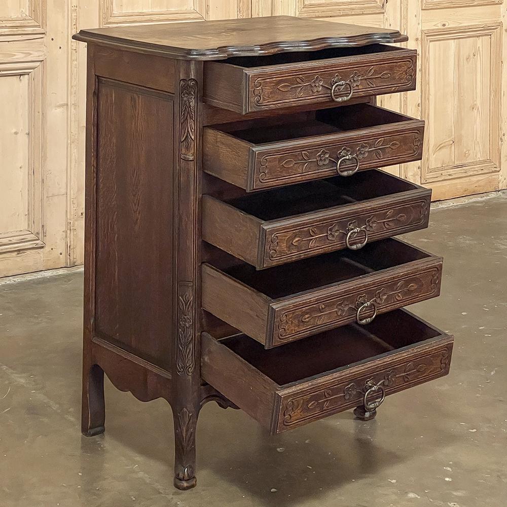 Antique country French commode ~ chiffoniere is the perfect answer for a cozy niche, an efficient floor plan, or just as an accent piece between a couple of windows, in a hallway, or anywhere your needs require! Hand-crafted from solid oak, it