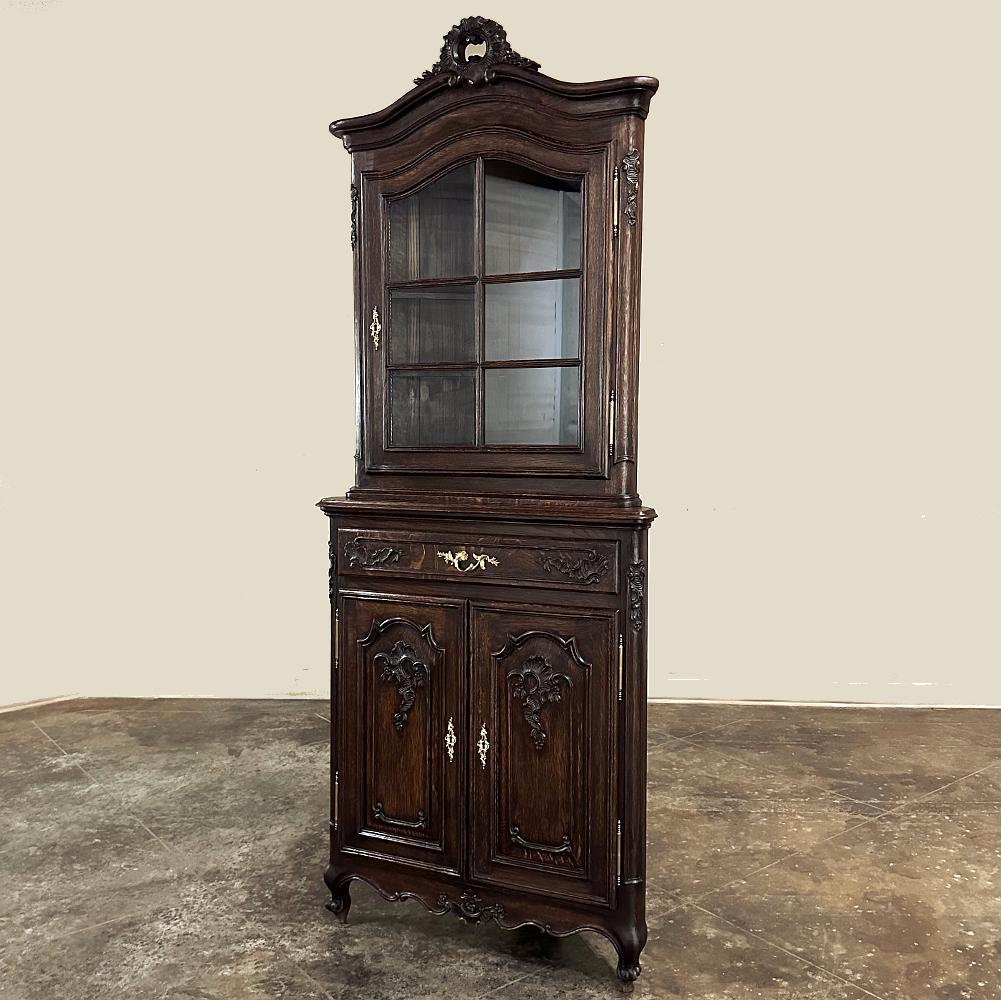 Hand-Carved Antique Country French Corner Vitrine ~ Cabinet For Sale