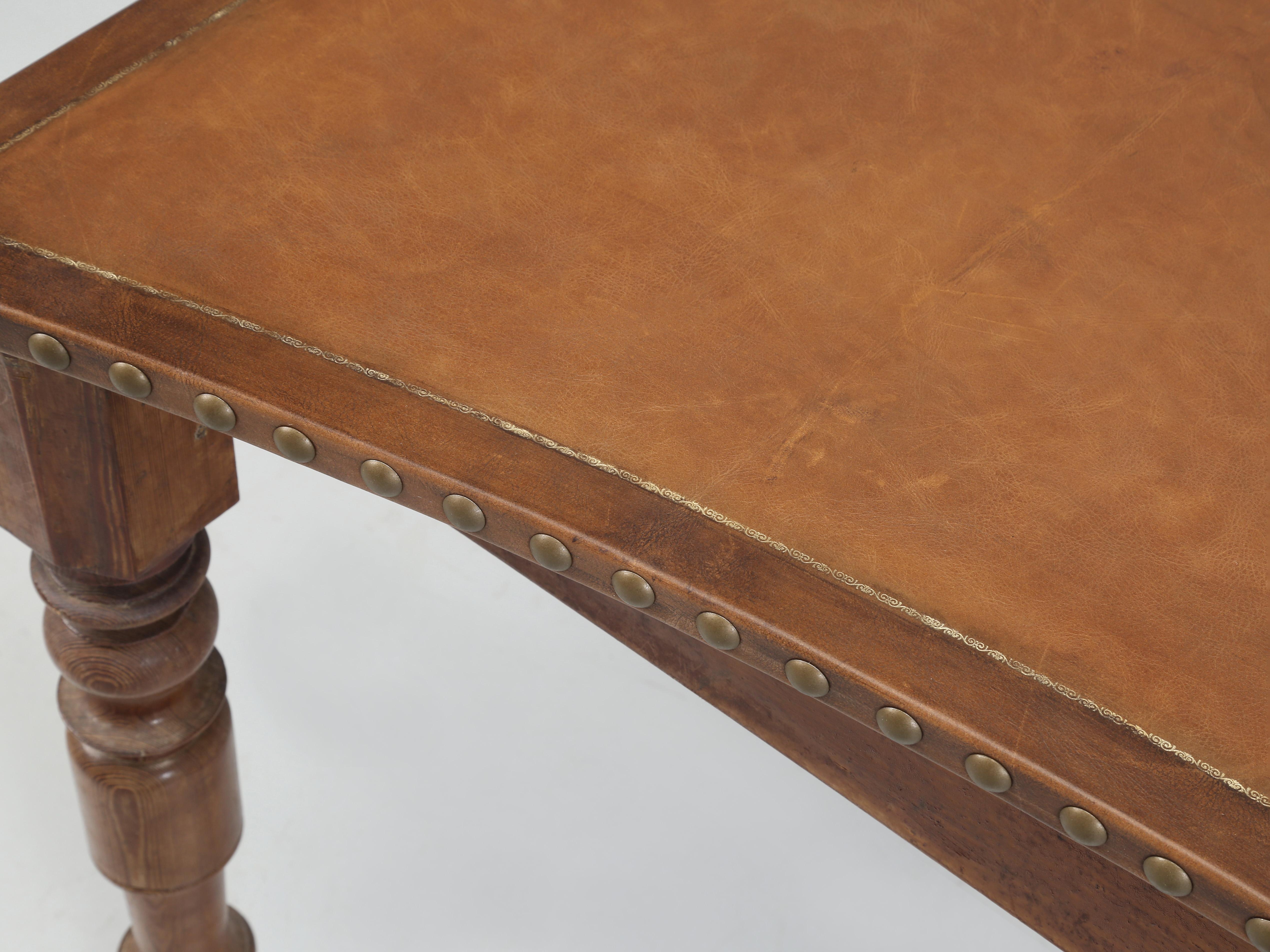 Early 20th Century Antique Country French Desk, Leather Top with Gilded Embossed Border. Restored For Sale