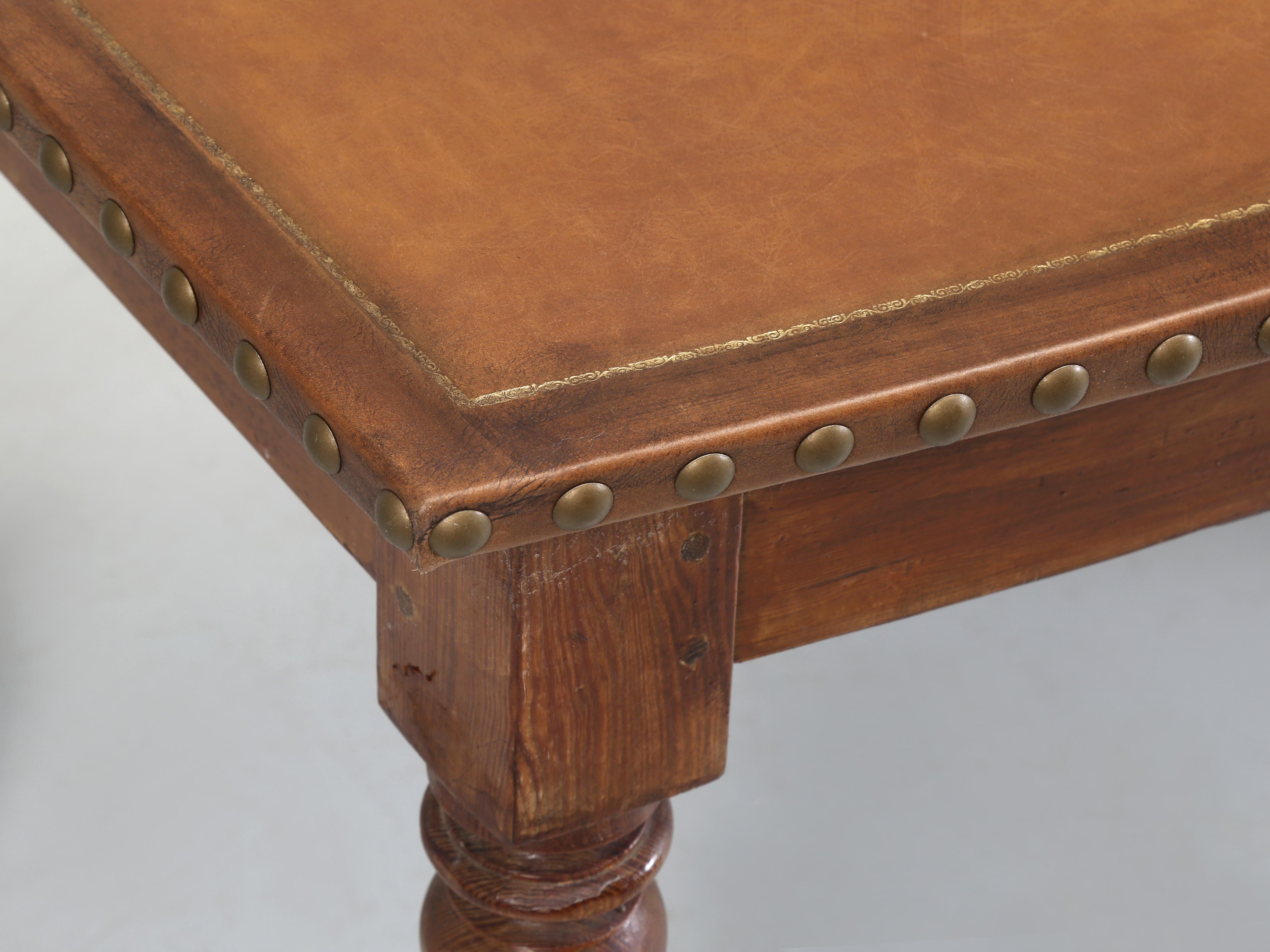 Antique Country French Desk, Leather Top with Gilded Embossed Border. Restored For Sale 1