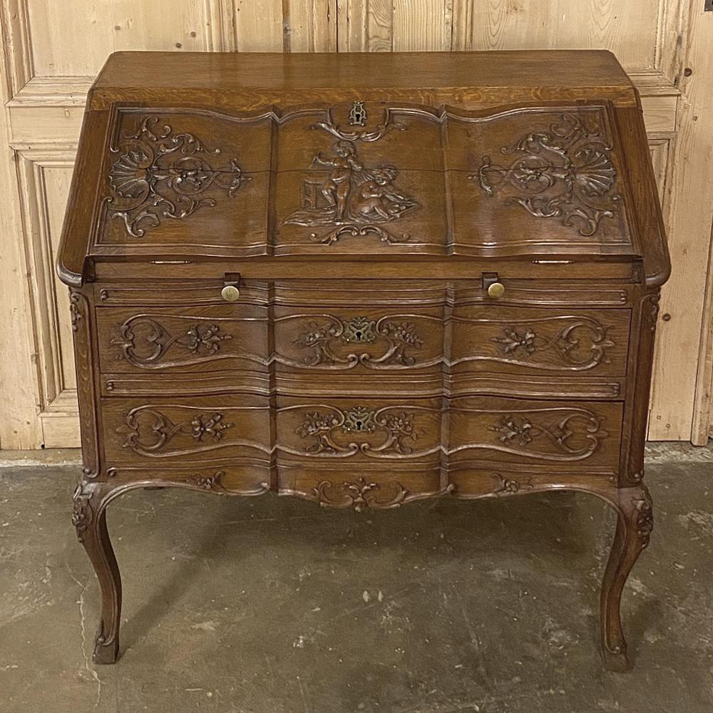 Hand-Carved Antique Country French Drop-Front Secretary