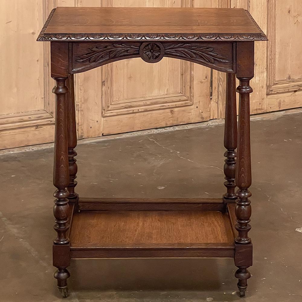 Antique Country French end table is an intriguing design~ sized perfectly for accompaniment to any seating group in any room, and carved & finished on all four sides making it ideal for positioning even in the center of the room. Set on wheels to