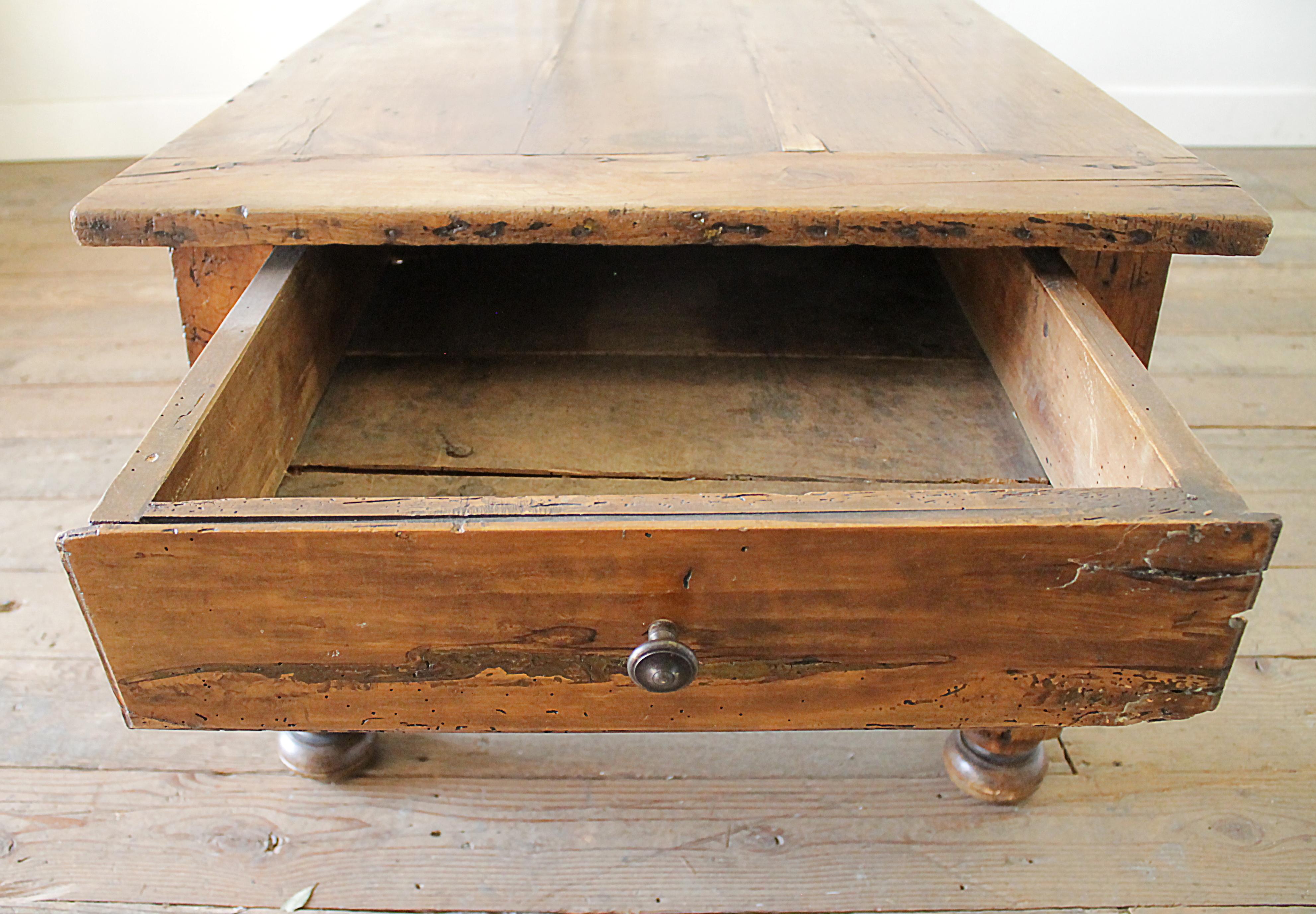 20th Century Antique Country French Farm Coffee Table with 2 Drawers