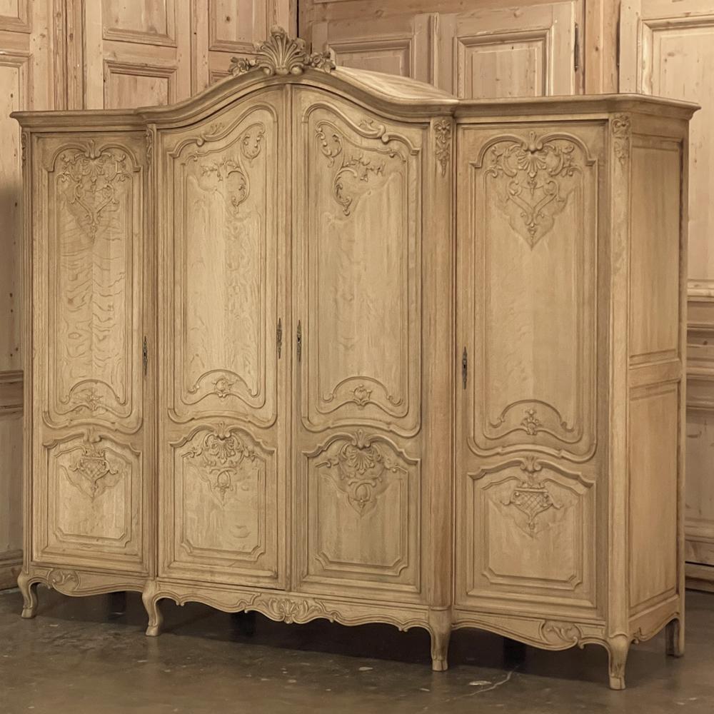 Louis XIV Antique Country French Four Door Armoire in Stripped Oak