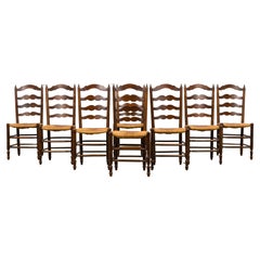 Antique Country French Ladder Back Maple Dining Chairs W/ Rush Seats - Set of 8