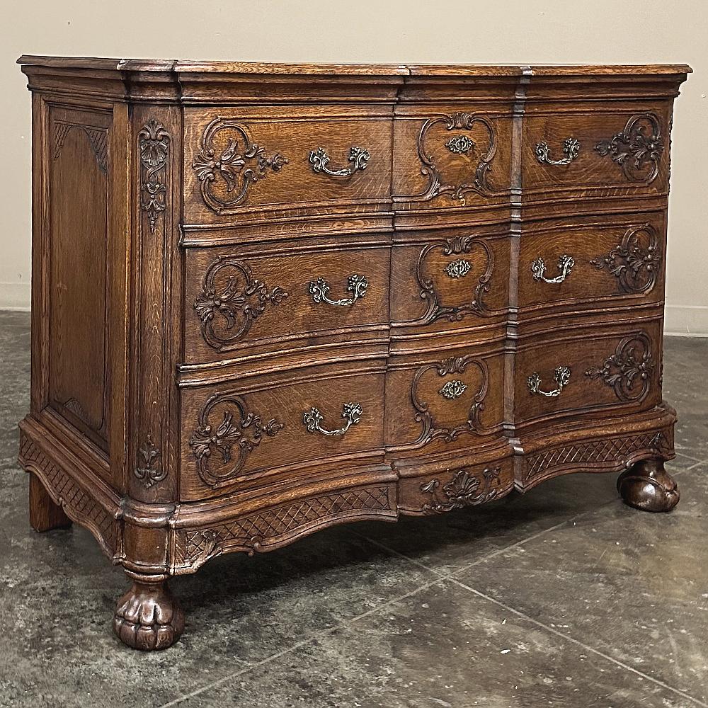 Antique Country French Louis XIV Commode ~ Chest of Drawers was hand-crafted from solid oak and accented with cast brass drawer pulls by obvious master craftsmen!  The top features an elegantly contoured form that defies the rectangular norm,