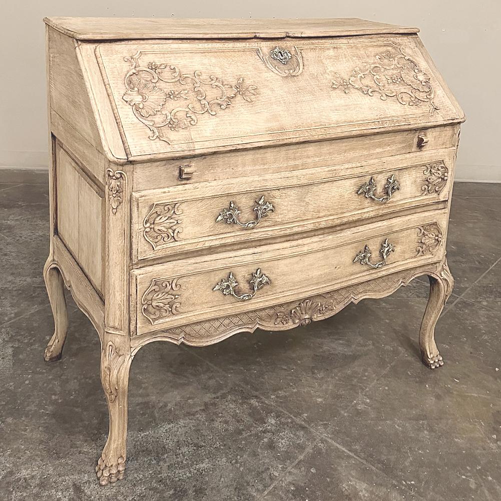 Antique Country French Louis XIV Stripped Oak Secretary ~ Desk is ideal for the efficient yet stylish interior!  Providing surprising storage within the two full width drawers, the top opens up to reveal six small drawers for organizing minutia. 