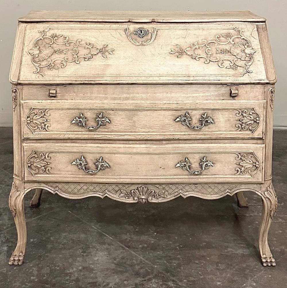 Hand-Carved Antique Country French Louis XIV Stripped Oak Secretary ~ Desk For Sale