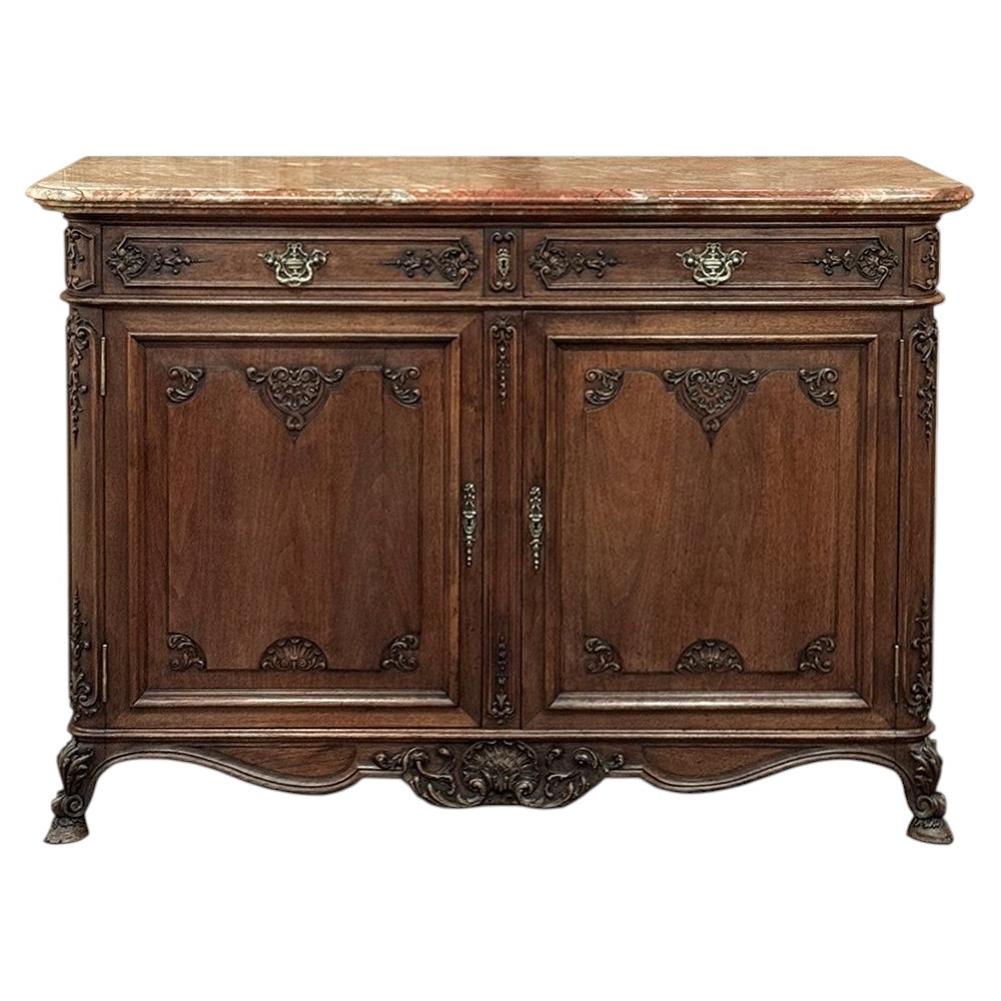 Antique Country French Louis XIV Walnut Marble Top Buffet