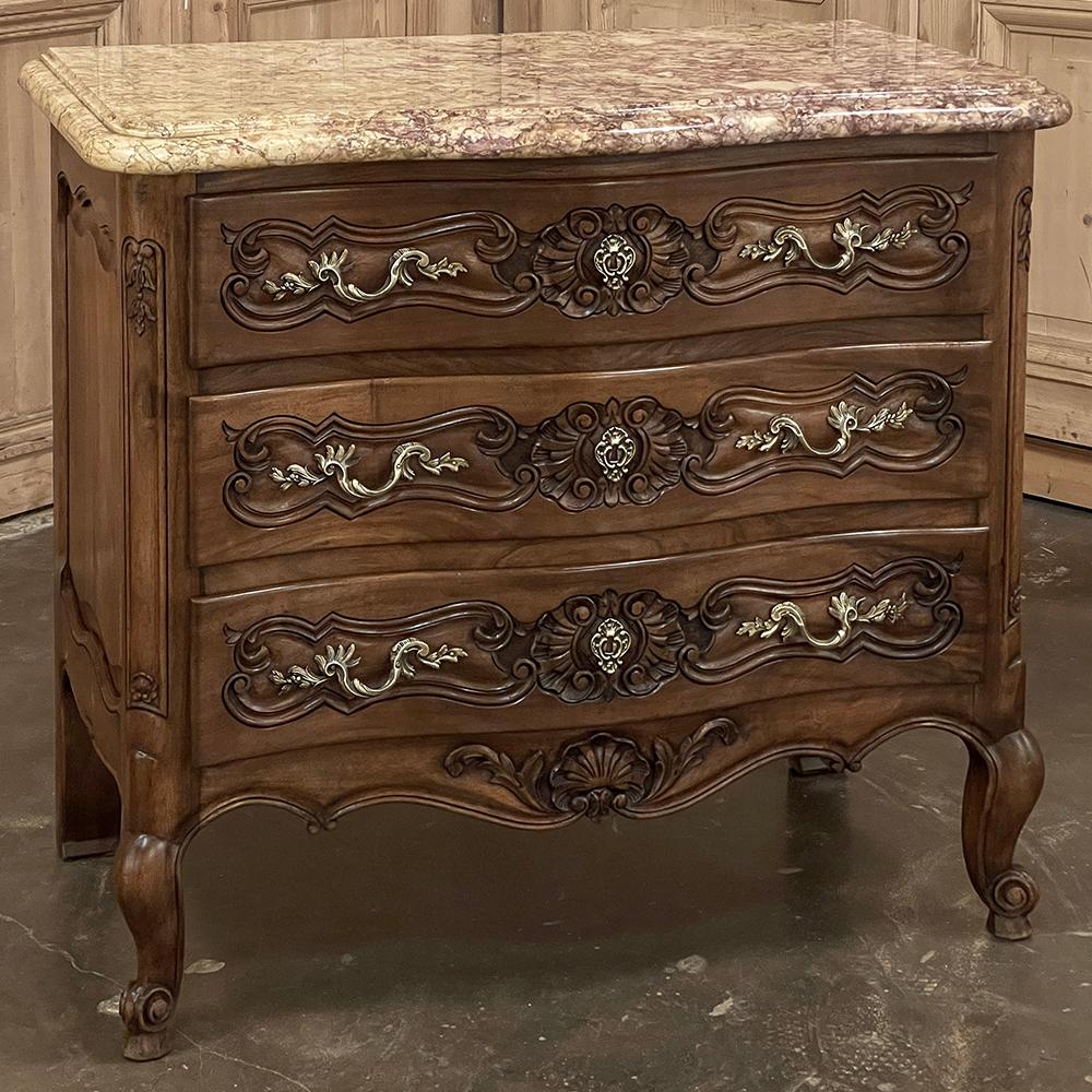 Hand-Carved Antique Country French Louis XIV Walnut Marble Top Commode
